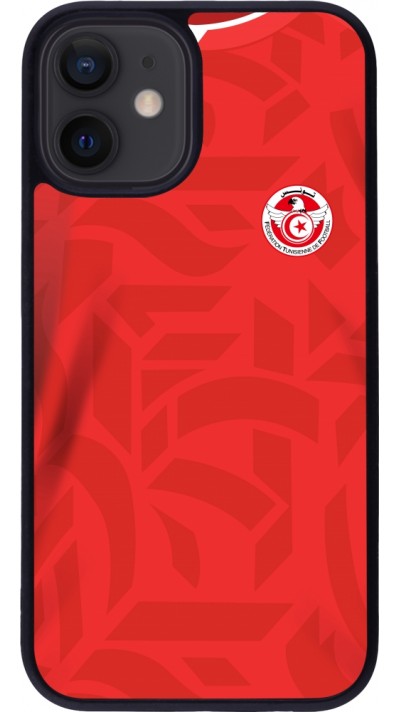 Coque iPhone 12 mini - Silicone rigide noir Maillot de football Tunisie 2022 personnalisable