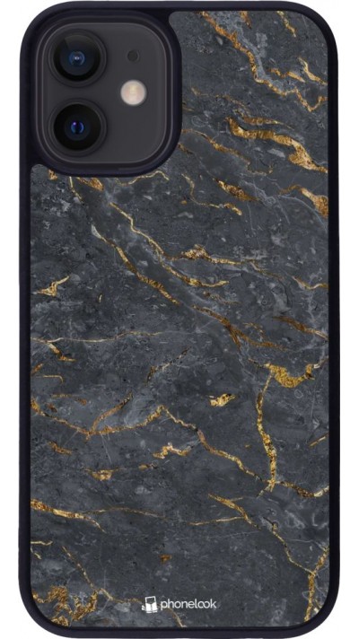 Coque iPhone 12 mini - Silicone rigide noir Grey Gold Marble