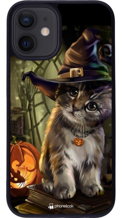 Coque iPhone 12 mini - Silicone rigide noir Halloween 21 Witch cat