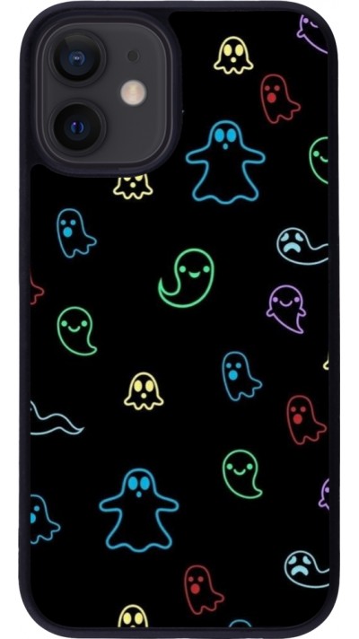 Coque iPhone 12 mini - Silicone rigide noir Halloween 2024 colorful ghosts