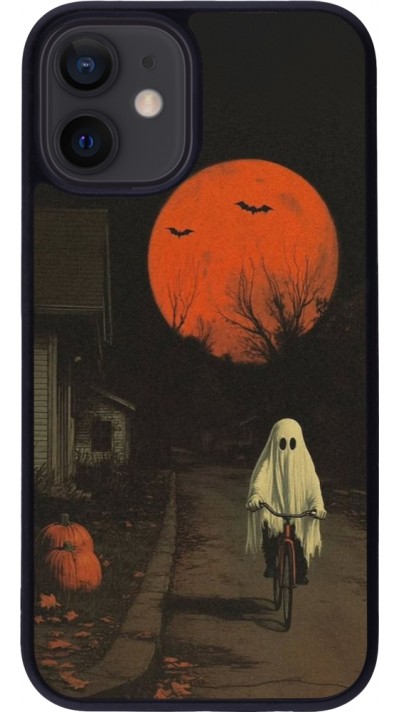 Coque iPhone 12 mini - Silicone rigide noir Halloween 2025 Ghost on a bicycle
