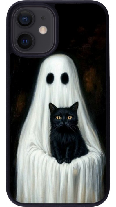 Coque iPhone 12 mini - Silicone rigide noir Halloween 2025 Ghost with black cat