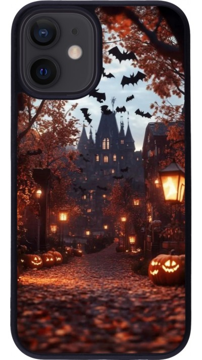 Coque iPhone 12 mini - Silicone rigide noir Halloween 2025 Haunted house