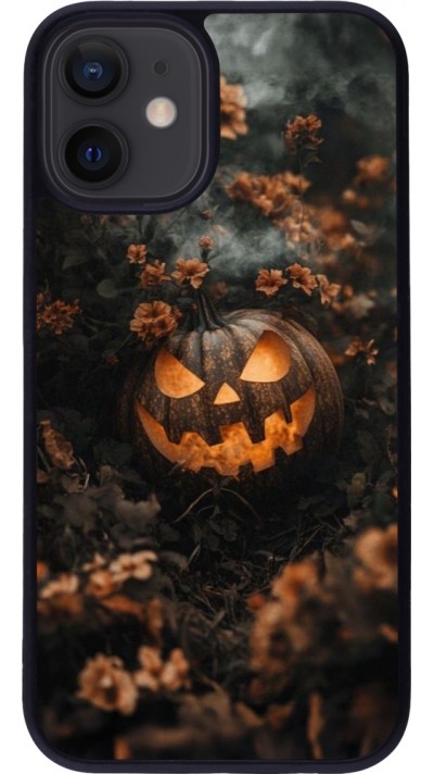 Coque iPhone 12 mini - Silicone rigide noir Halloween 2025 Pumpkin with flowers