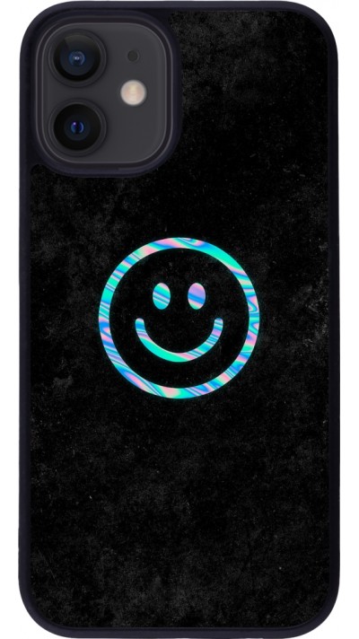 Coque iPhone 12 mini - Silicone rigide noir Happy smiley irisé