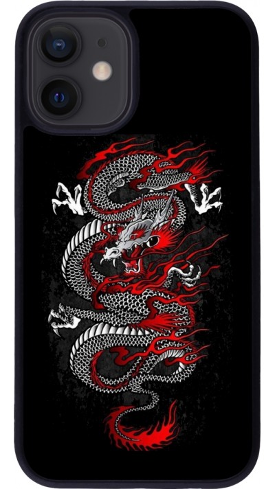 Coque iPhone 12 mini - Silicone rigide noir Japanese style Dragon Tattoo Red Black
