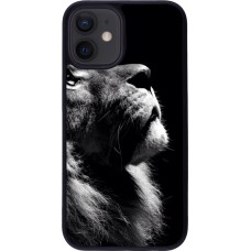 Coque iPhone 12 mini - Silicone rigide noir Lion looking up