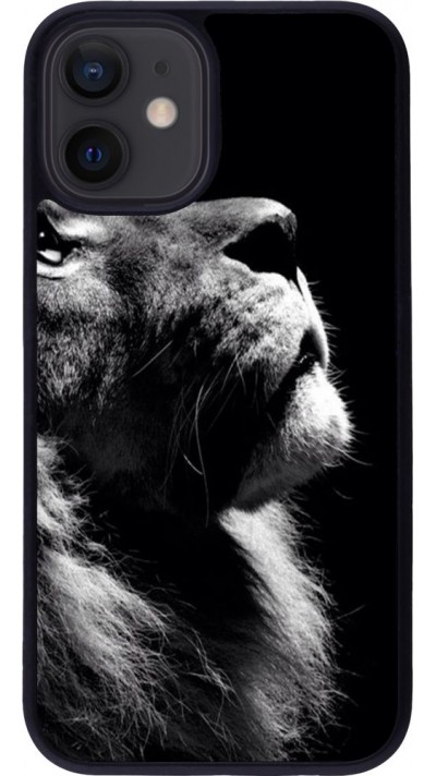 Coque iPhone 12 mini - Silicone rigide noir Lion looking up