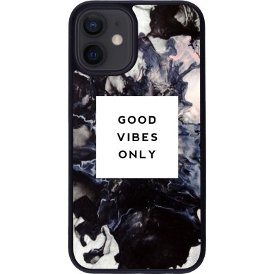 Coque iPhone 12 mini - Silicone rigide noir Marble Good Vibes Only