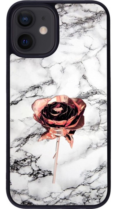 Coque iPhone 12 mini - Silicone rigide noir Marble Rose Gold