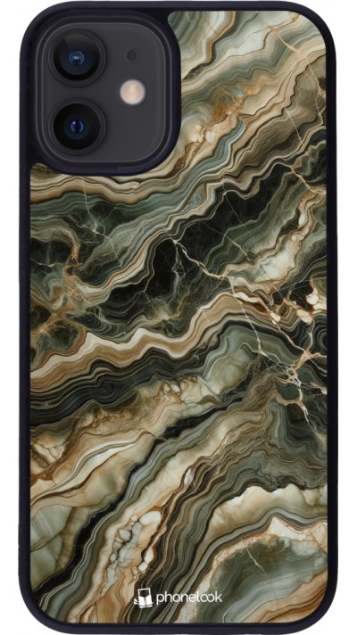 Coque iPhone 12 mini - Silicone rigide noir Marbre Olive