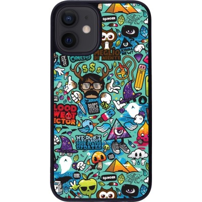 Coque iPhone 12 mini - Silicone rigide noir Mixed Cartoons Turquoise