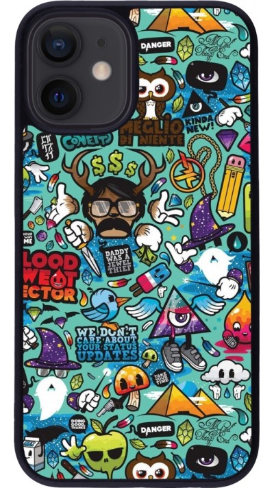 Coque iPhone 12 mini - Silicone rigide noir Mixed Cartoons Turquoise