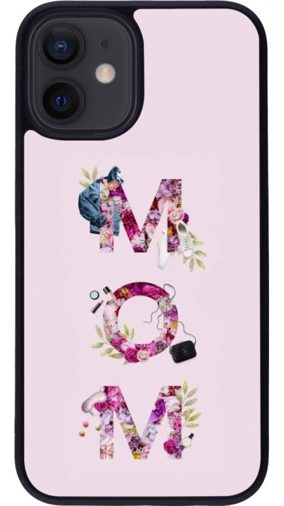 Coque iPhone 12 mini - Silicone rigide noir Mom 2024 girly mom