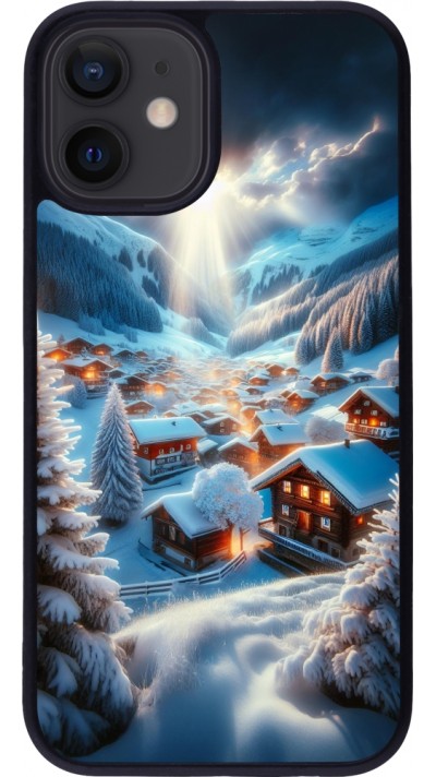 Coque iPhone 12 mini - Silicone rigide noir Mont Neige Lumière