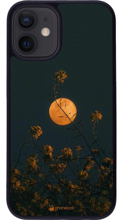 Coque iPhone 12 mini - Silicone rigide noir Moon Flowers