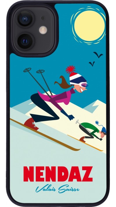 Coque iPhone 12 mini - Silicone rigide noir Nendaz Ski Downhill