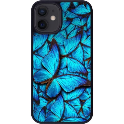 Coque iPhone 12 mini - Silicone rigide noir Papillon - Bleu