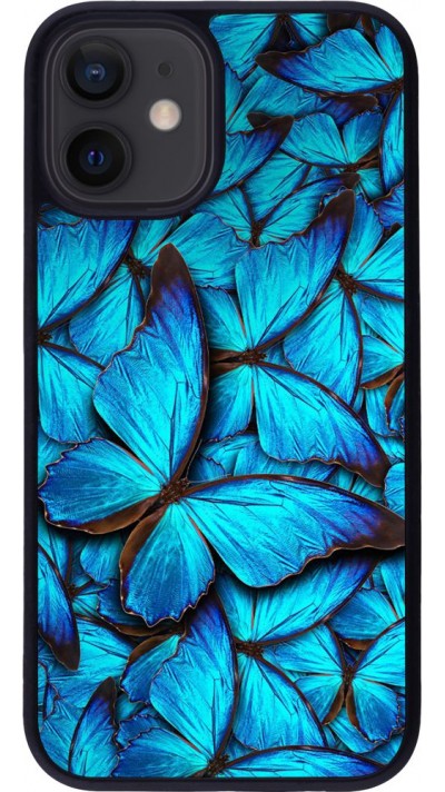 Coque iPhone 12 mini - Silicone rigide noir Papillon - Bleu