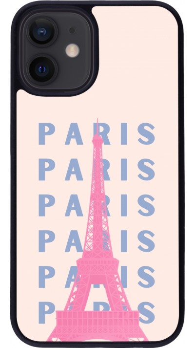 Coque iPhone 12 mini - Silicone rigide noir Paris Pink Print