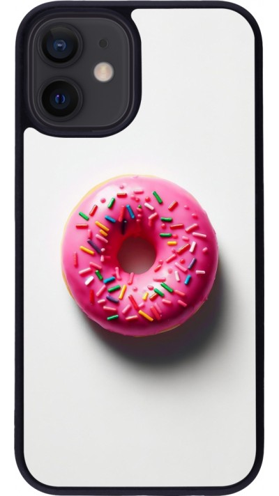 iPhone 12 mini Case Hülle - Silikon schwarz Weisser Hintergrund, pinker Donut
