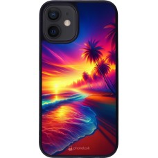Coque iPhone 12 mini - Silicone rigide noir Plage coucher soleil flashy