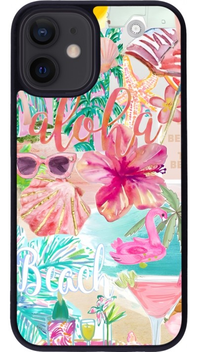 Coque iPhone 12 mini - Silicone rigide noir Preppy Collage Aloha
