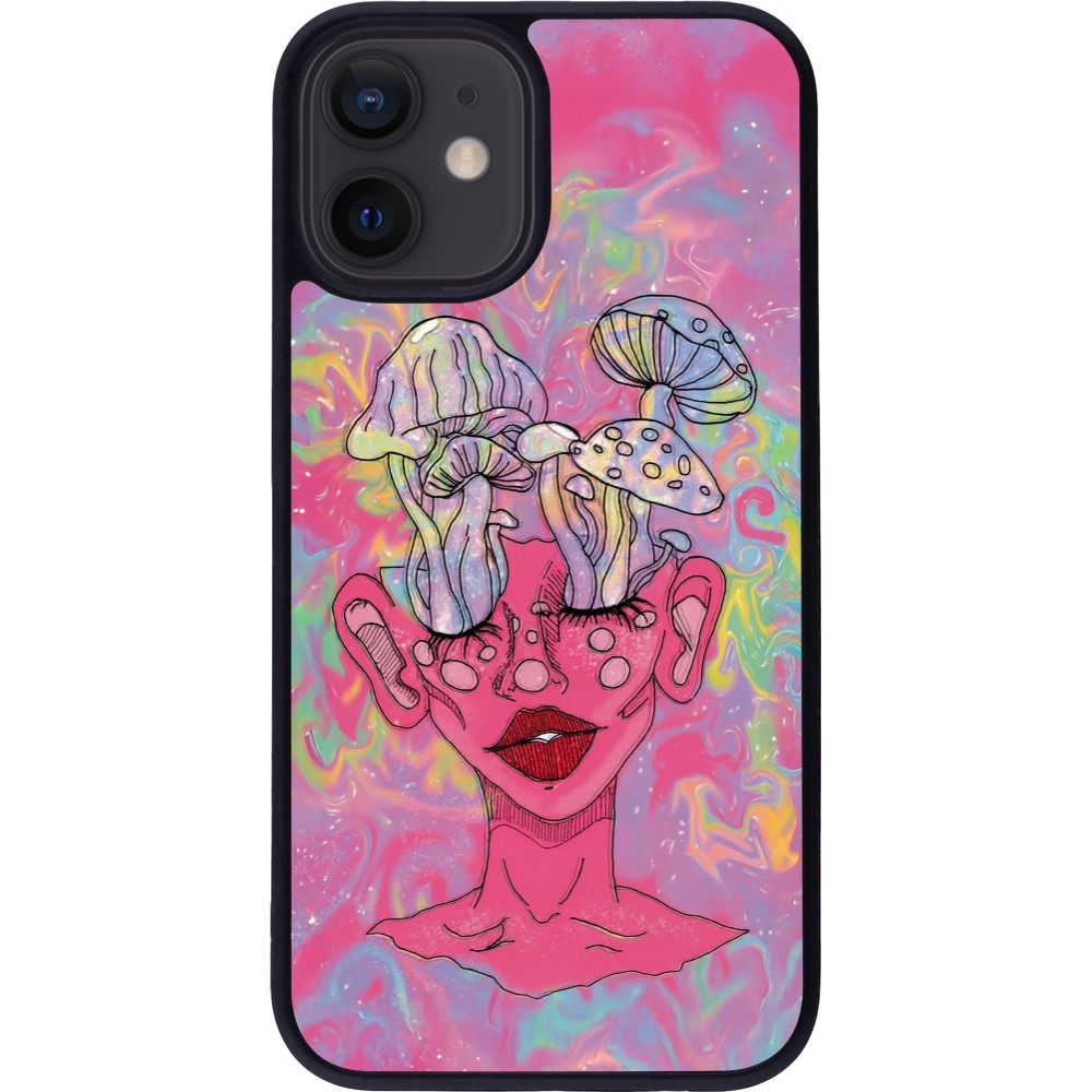 Coque iPhone 12 mini - Silicone rigide noir Psychedelic pink mushroom
