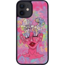 Coque iPhone 12 mini - Silicone rigide noir Psychedelic pink mushroom