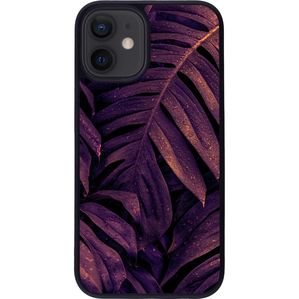 iPhone 12 mini Case Hülle - Silikon schwarz Purple Light Leaves