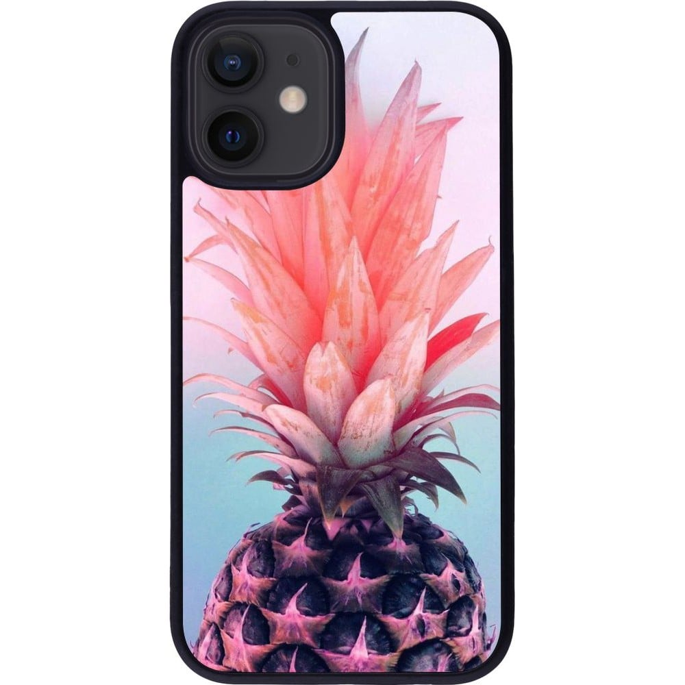 Coque iPhone 12 mini - Silicone rigide noir Purple Pink Pineapple