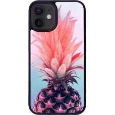 Coque iPhone 12 mini - Silicone rigide noir Purple Pink Pineapple