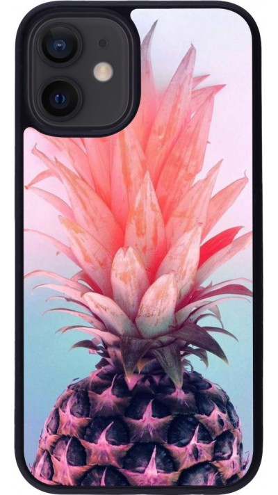 Coque iPhone 12 mini - Silicone rigide noir Purple Pink Pineapple