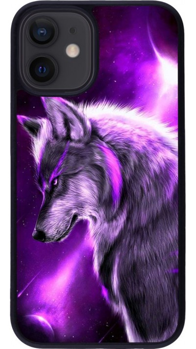 Coque iPhone 12 mini - Silicone rigide noir Purple Sky Wolf
