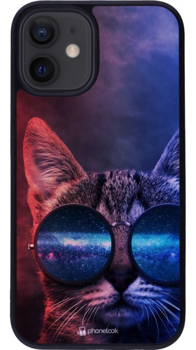 Coque iPhone 12 mini - Silicone rigide noir Red Blue Cat Glasses