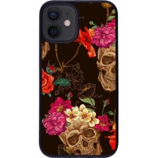 Coque iPhone 12 mini - Silicone rigide noir Skulls and flowers
