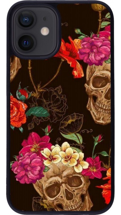 Coque iPhone 12 mini - Silicone rigide noir Skulls and flowers