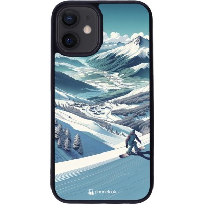 iPhone 12 mini Case Hülle - Silikon schwarz Snowboarder Berg