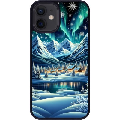 iPhone 12 mini Case Hülle - Silikon schwarz Verschneites Bergdorf am See in der Nacht