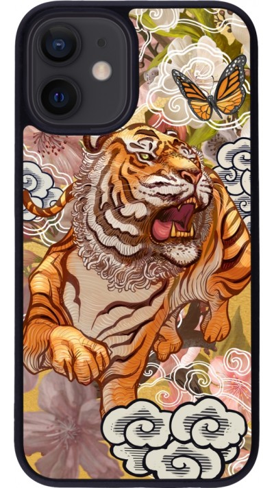 Coque iPhone 12 mini - Silicone rigide noir Spring 23 japanese tiger