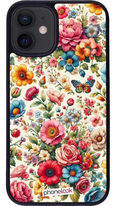 Coque iPhone 12 mini - Silicone rigide noir Spring 25 printemps fleuri