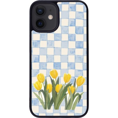 Coque iPhone 12 mini - Silicone rigide noir Blue vichy tulips Spring 2026