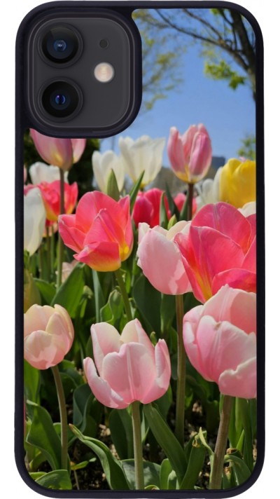 Coque iPhone 12 mini - Silicone rigide noir Tulips 2026