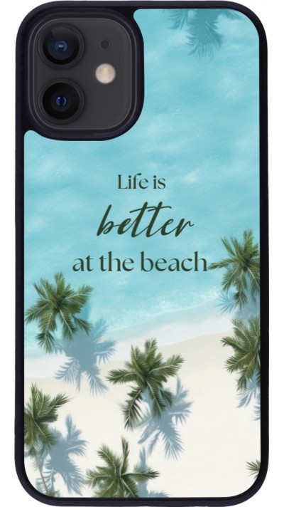 Coque iPhone 12 mini - Silicone rigide noir Summer 2025 Life is better at the beach