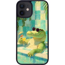 Coque iPhone 12 mini - Silicone rigide noir Crocodile in the swimming pool Summer 2026