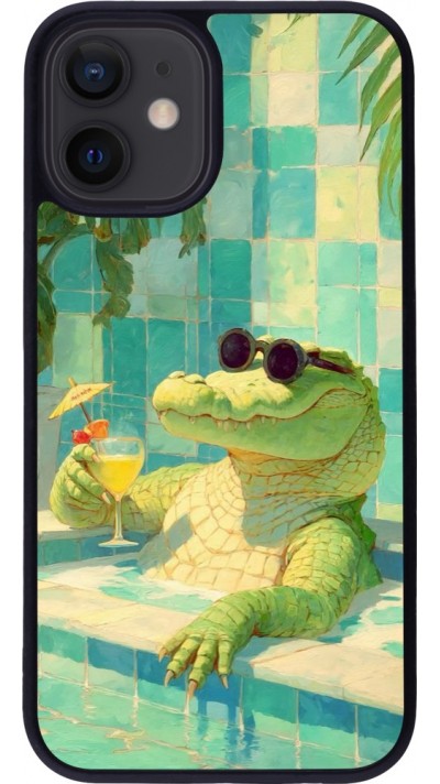 Coque iPhone 12 mini - Silicone rigide noir Crocodile in the swimming pool Summer 2026