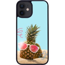 Coque iPhone 12 mini - Silicone rigide noir Pineapple with glasses Summer 2026
