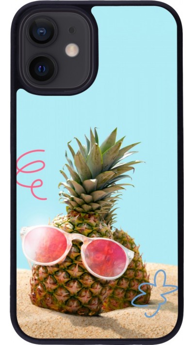 Coque iPhone 12 mini - Silicone rigide noir Pineapple with glasses Summer 2026