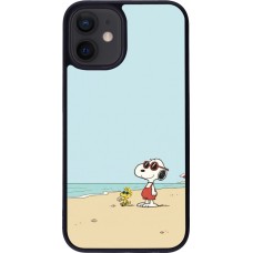 Coque iPhone 12 mini - Silicone rigide noir Snoopy on the beach Summer 2026