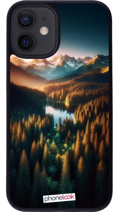 Coque iPhone 12 mini - Silicone rigide noir Sunset Forest Lake